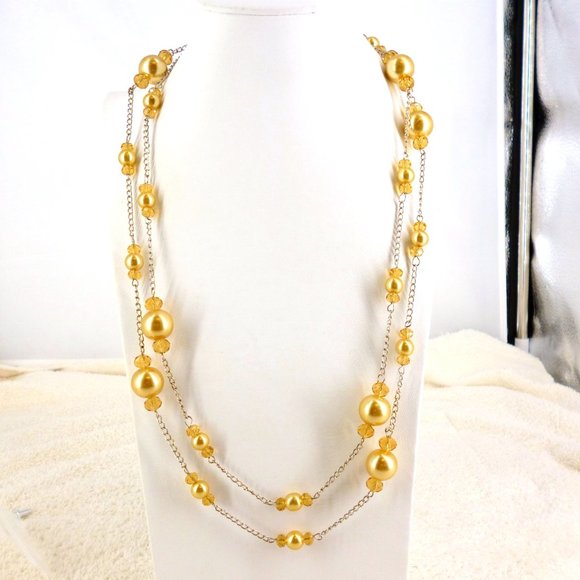 Nolan Miller Gold Tone Necklace Shell Pearls & Crystals 49" 1980s NWOT Perfect - Picture 4 of 4